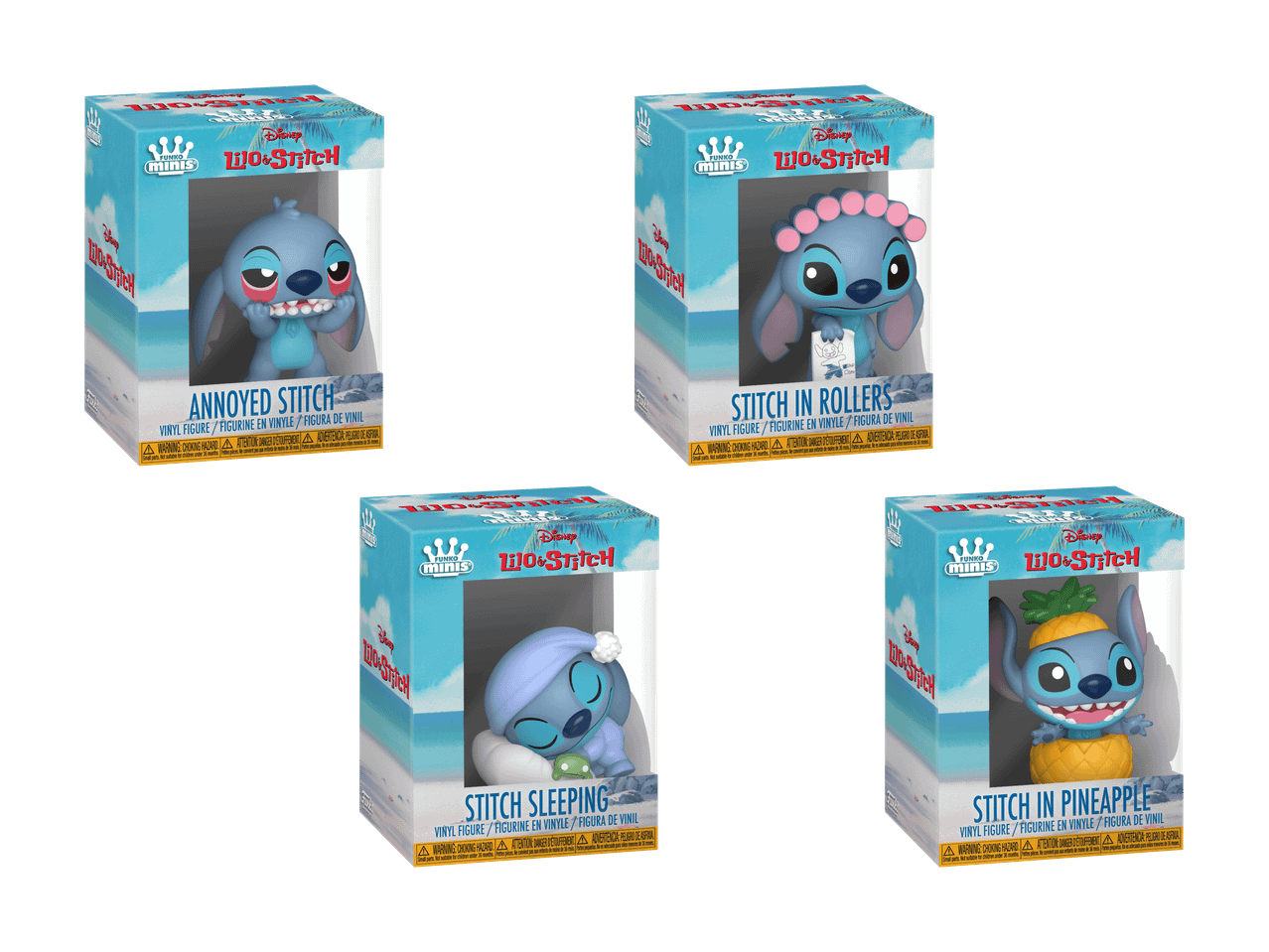Quatre figurines de Stitch dans différentes poses : agacé, avec des bigoudis, endormi et dans un ananas.