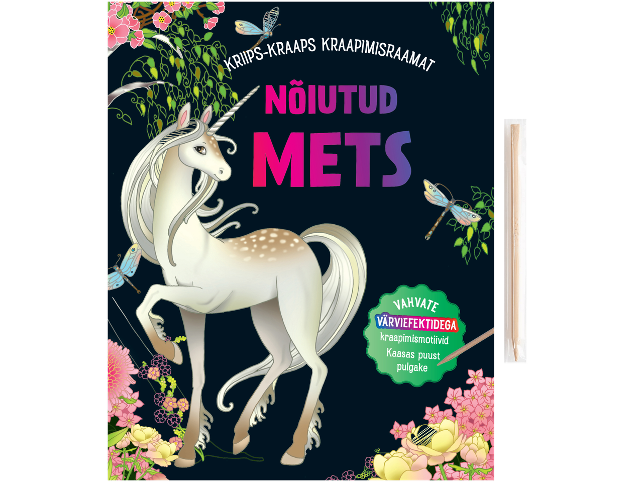 Kraapimisraamat ükssarviku ja lilledega, kaasas puidust kraapimispulk.