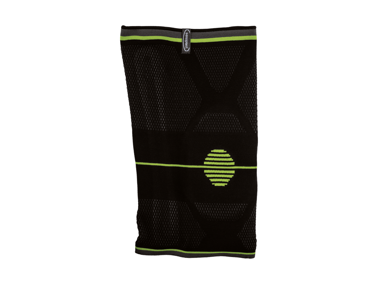 Une genouillère noire avec des détails vert lime et le logo Sensiplast.