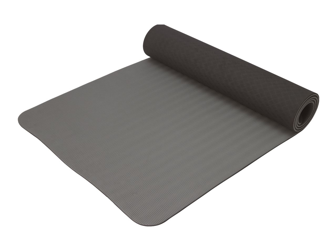 A partially unrolled gray yoga mat with a textured surface.
