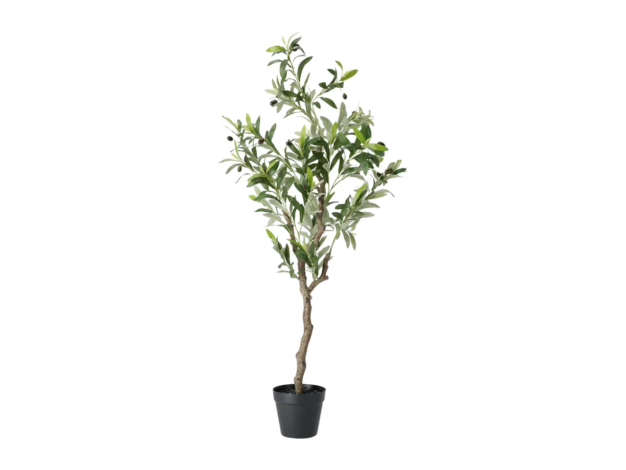 Artificial olive tree in a black pot