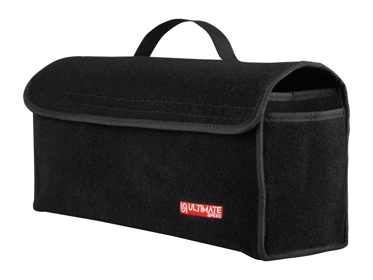 Black felt car boot organizer with a handle and red logo