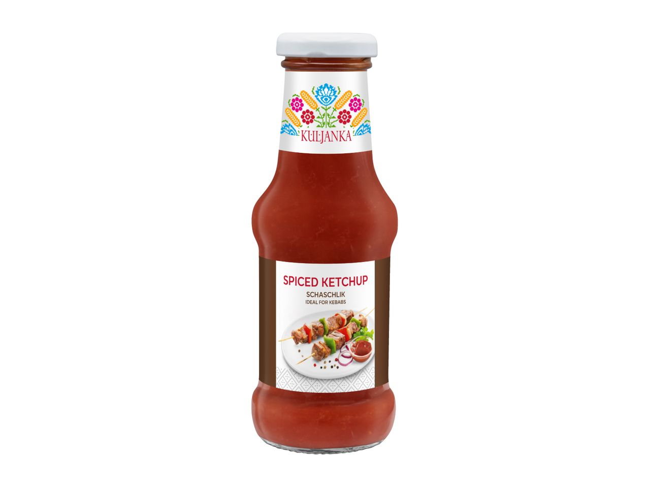 Spiced ketchup bottle with a folk-art label and an image of kebabs.