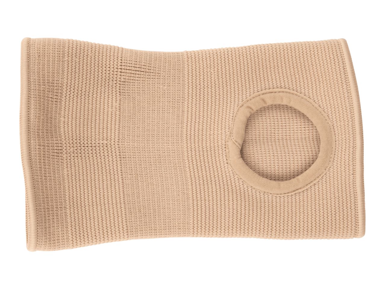 Beige knee support with an open patella design, made from knitted elastic fabric.