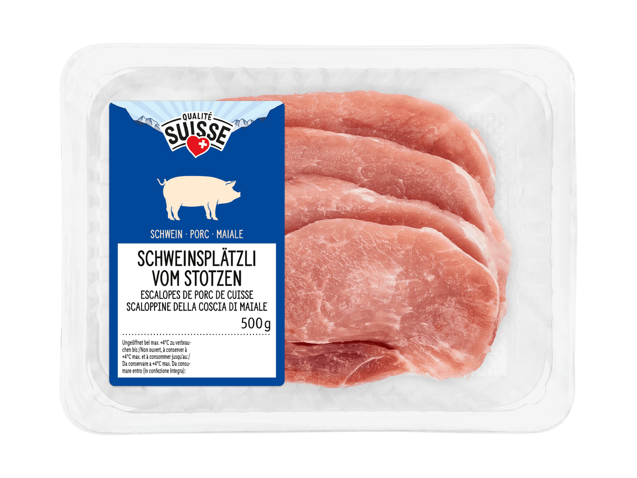 Confezione di carne di maiale Qualité Suisse, scaloppine di coscia di maiale da 500g.