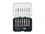 Screwdriver bit set with various bits including flat, Phillips, Torx, and hex, in a clear and green case.