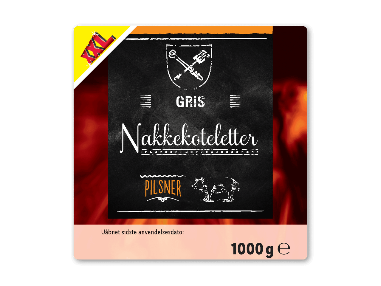 Pakke med nakkekoteletter i XXL-størrelse, 1000g, med et rustikt design.