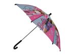 Pink and blue Barbie umbrella with character prints and a black curved handle.