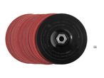 A stack of red sanding discs with a black backing pad, featuring specifications like 125mm diameter and 12,200 min-1 max speed.