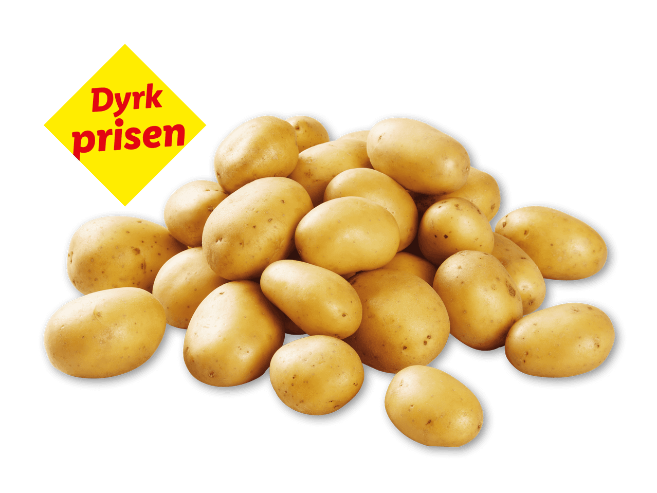En bunke kartofler med et gult skilt, der siger 'Dyrk prisen'.