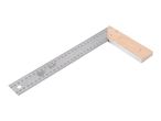 A metal and wood try square with measurement markings and product information.