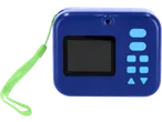 Máquina fotográfica digital Lupilu azul com alça verde sobre fundo preto.