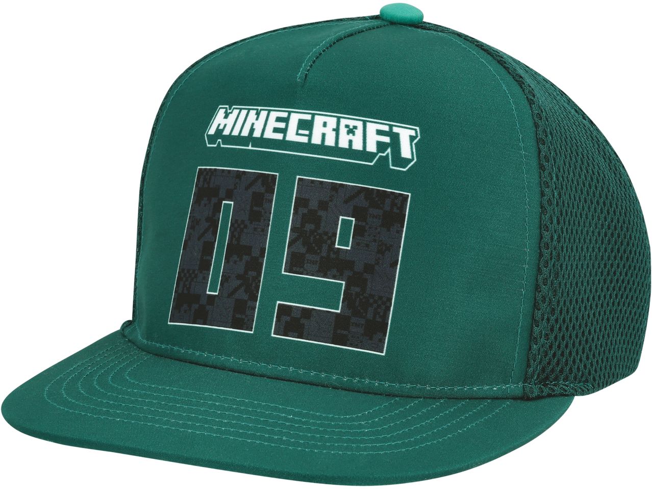 A green Minecraft-themed trucker hat with the number 09.