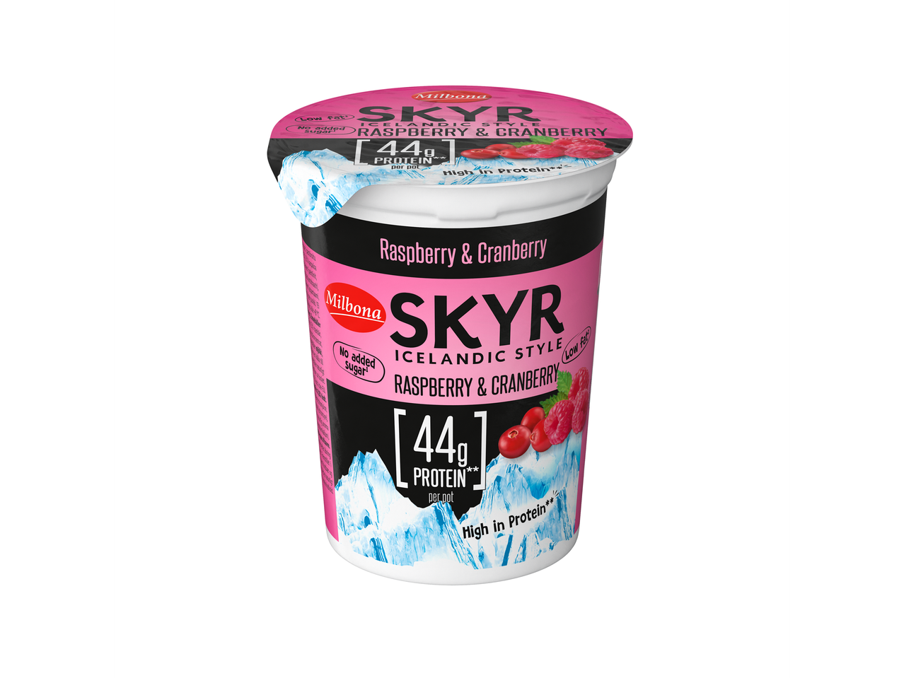 Milbona Skyr yoghurt, hindbær-tranebær, 44g protein.