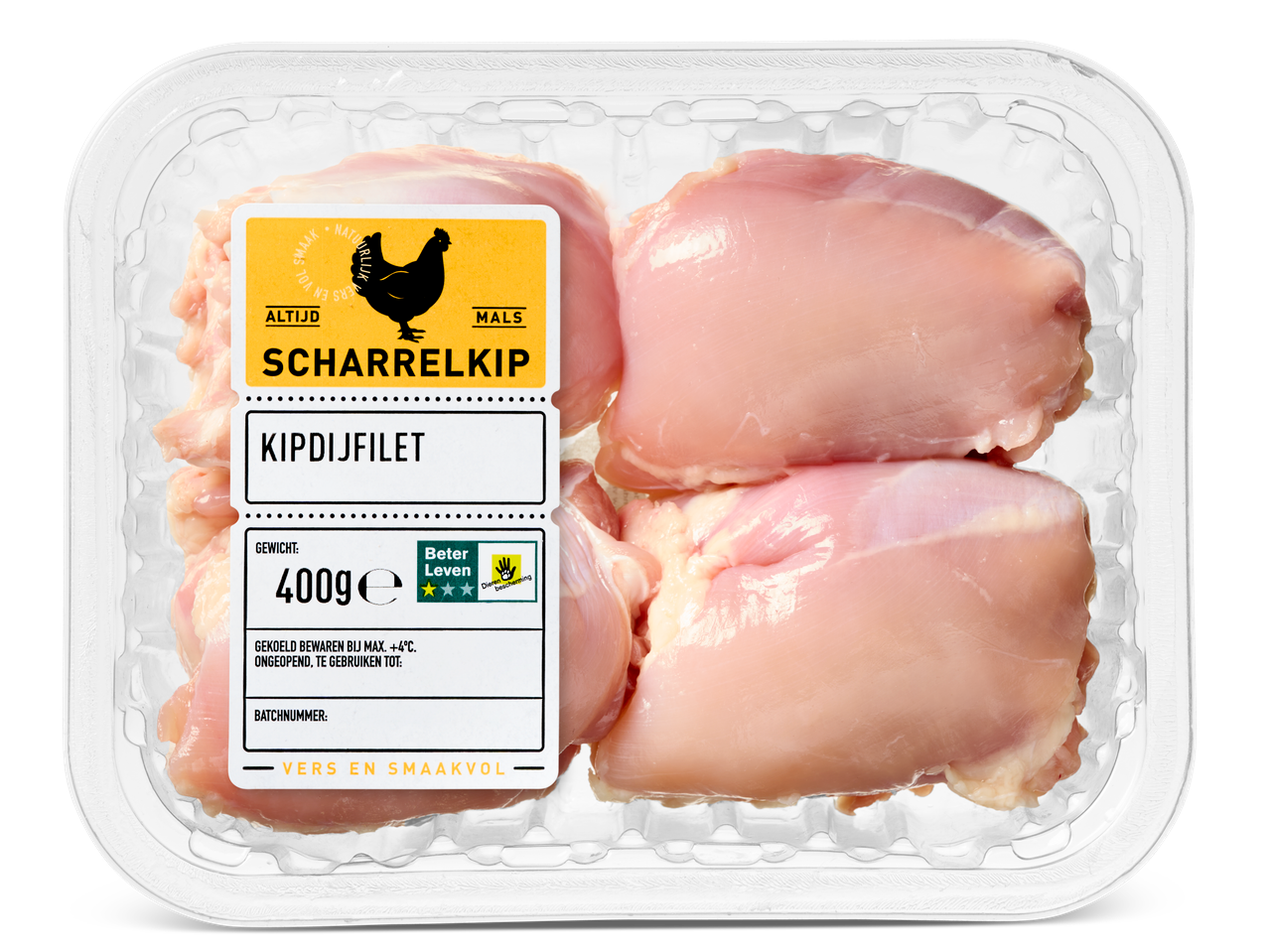400g scharrelkipfilets in plastic verpakking, Beter Leven kwaliteit.