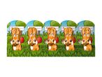Five chocolate Easter bunnies in orange foil, standing in green grass with trees and eggs.