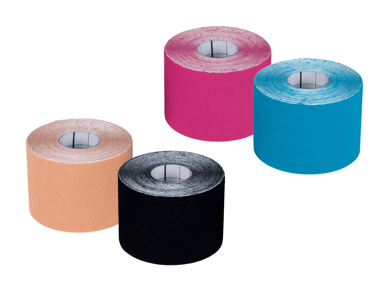 Quatre rouleaux de bandes de kinésiologie de couleurs rose, bleue, beige et noire.
