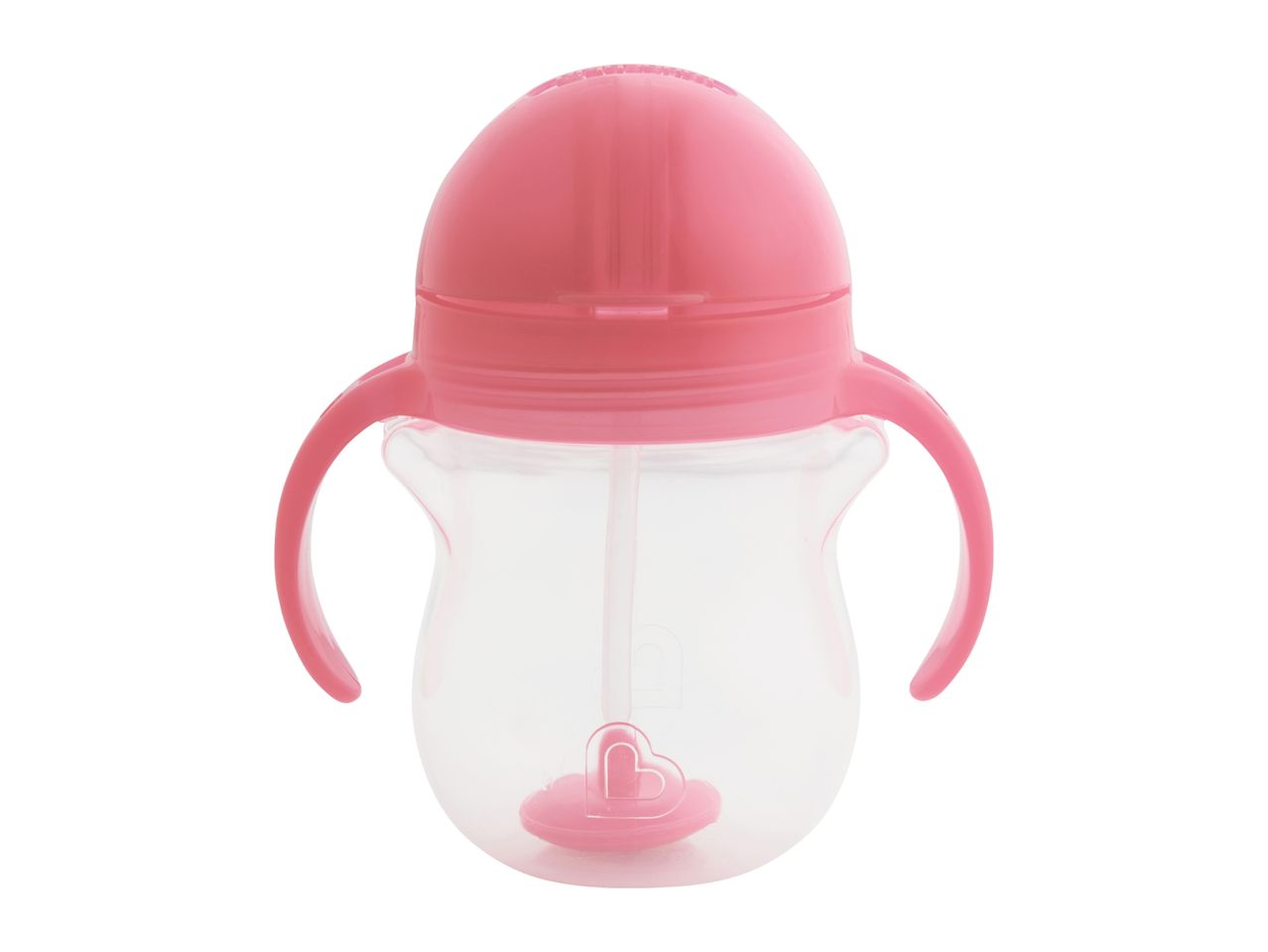 Pink baby sippy cup with handles and a straw, featuring a heart-shaped weight.