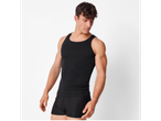 A man in a black tank top and black boxer briefs.