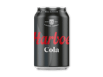En sort sodavandsdåse med rød og hvid tekst, der læser 'Harboe Cola' og 'Nul Sukker'.