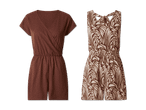 Zwei Damen-Jumpsuits: einfarbig braun und braun-beige gemustert.