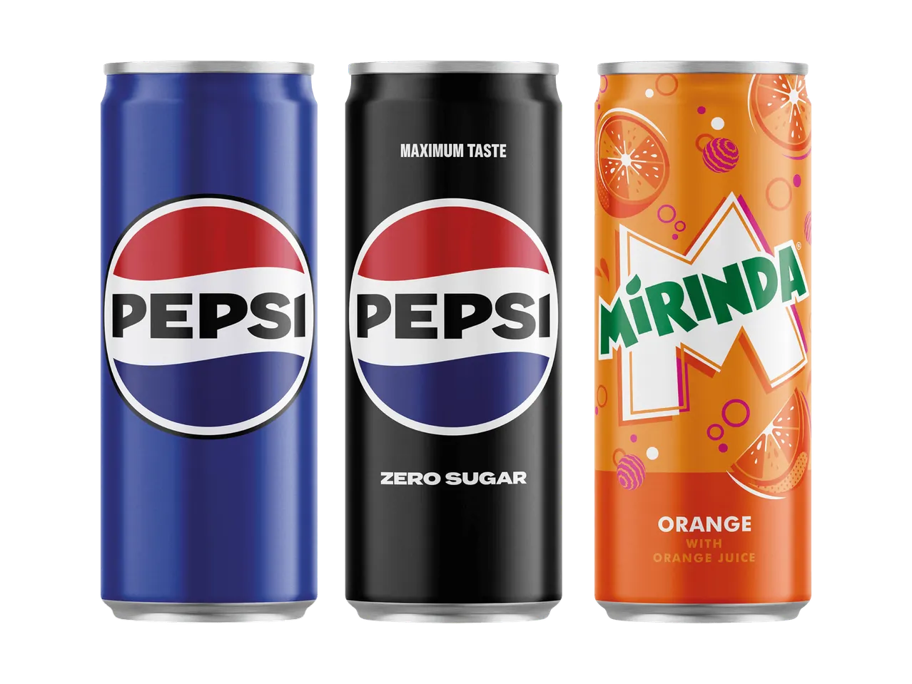 Drei Getränkedosen: zwei Pepsi-Dosen (blau und schwarz) und eine Mirinda Orange-Dose.