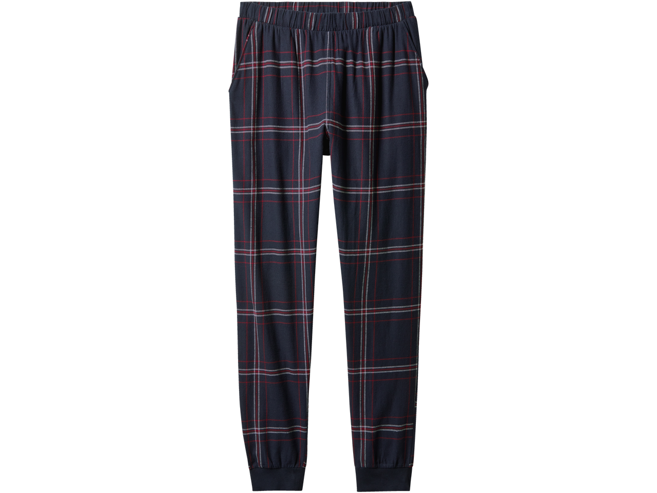 Esmara, pantaloni de pijama în carouri albastre închise cu linii roșii și albe.