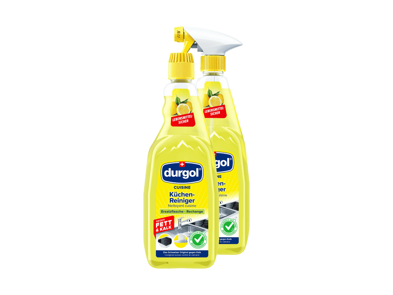 Zwei gelbe Flaschen Küchenreiniger mit Zitronen, wirksam gegen Fett und Kalk.