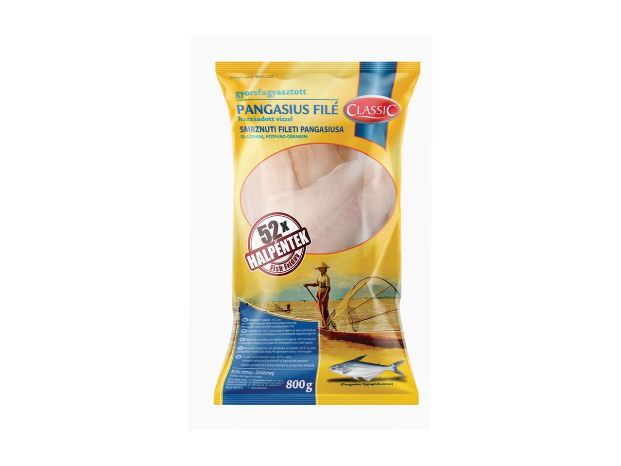 Pakovanje smrznutog pangasius filea sa natpisom 'Classic' i težinom od 800g.