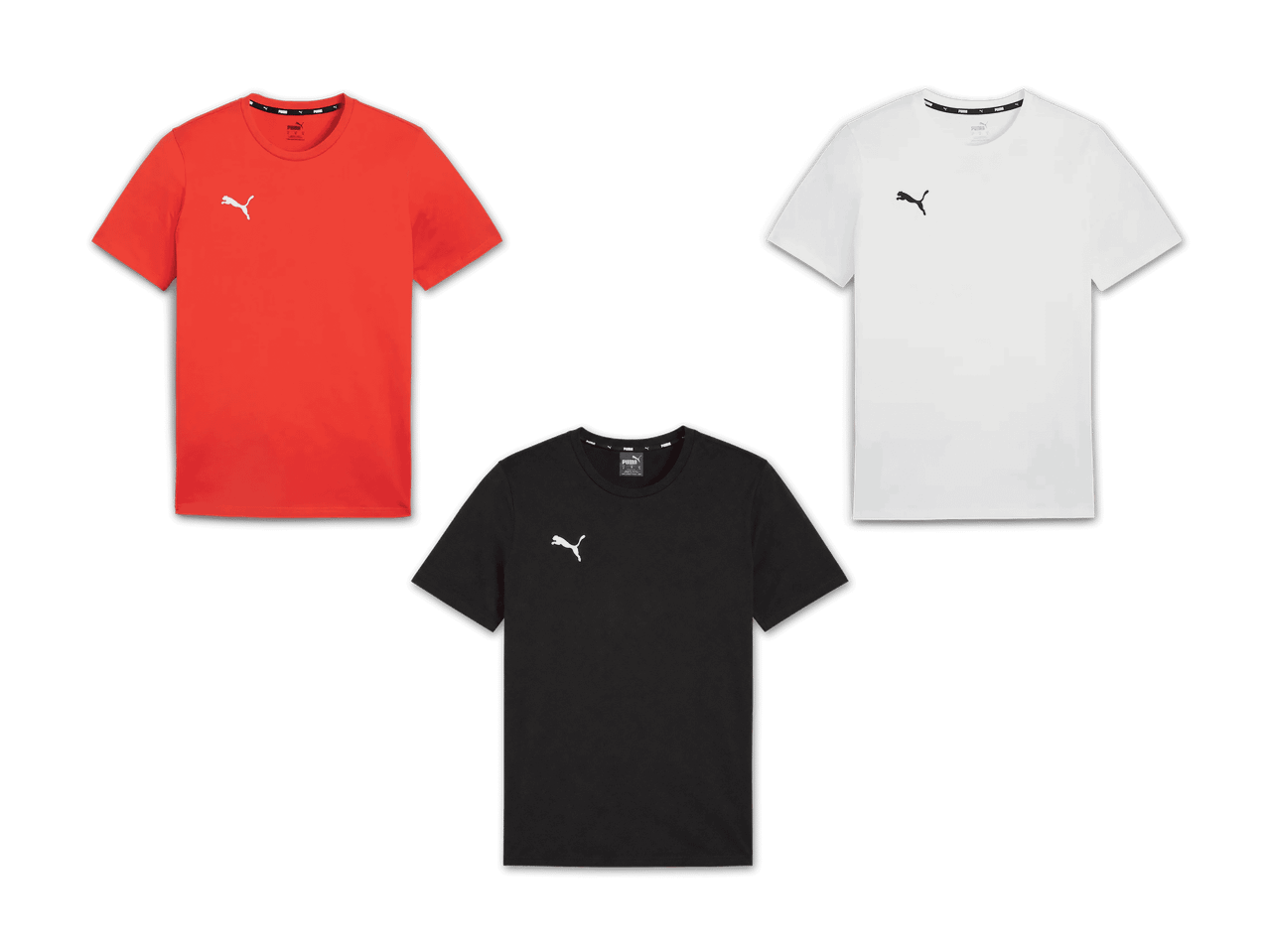 Drei einfarbige T-Shirts in Rot, Weiß und Schwarz mit kleinem Logo auf der Brust.