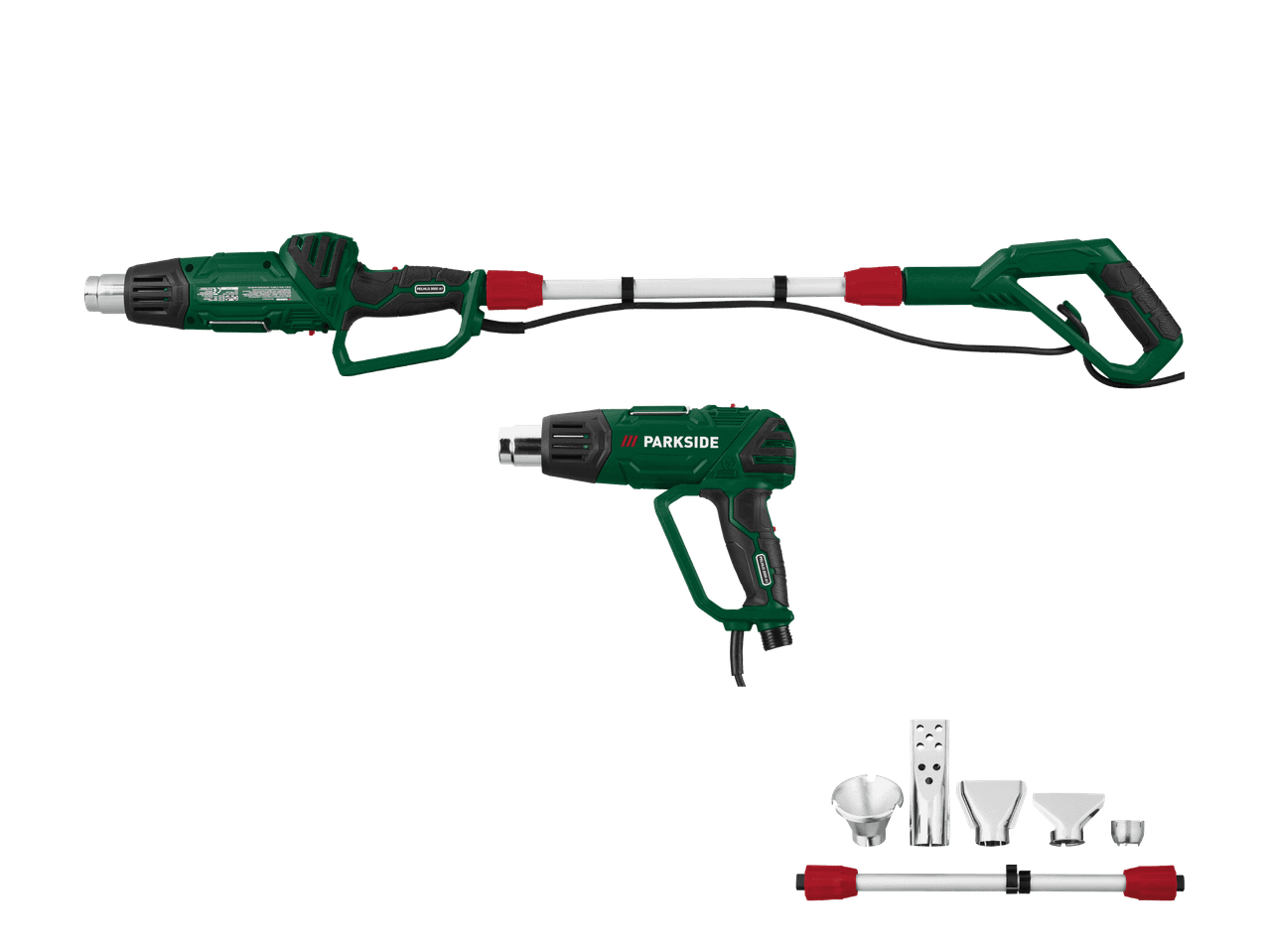 Kaksi kuumailmapuhallinta ja lisävarusteita, joista toinen on pitkän varren päässä.