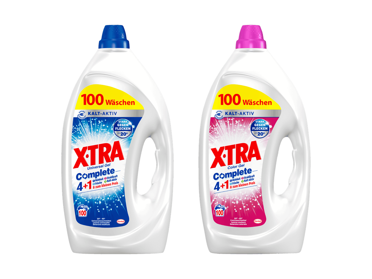 Zwei Flaschen X-TRA Complete Waschmittel, eine für Universalwäsche und eine für Buntwäsche.