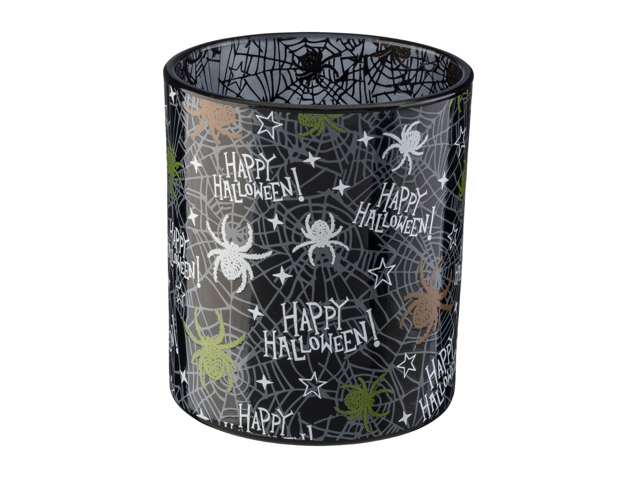 Halloween-themed glass candle holder with spiders and spiderwebs