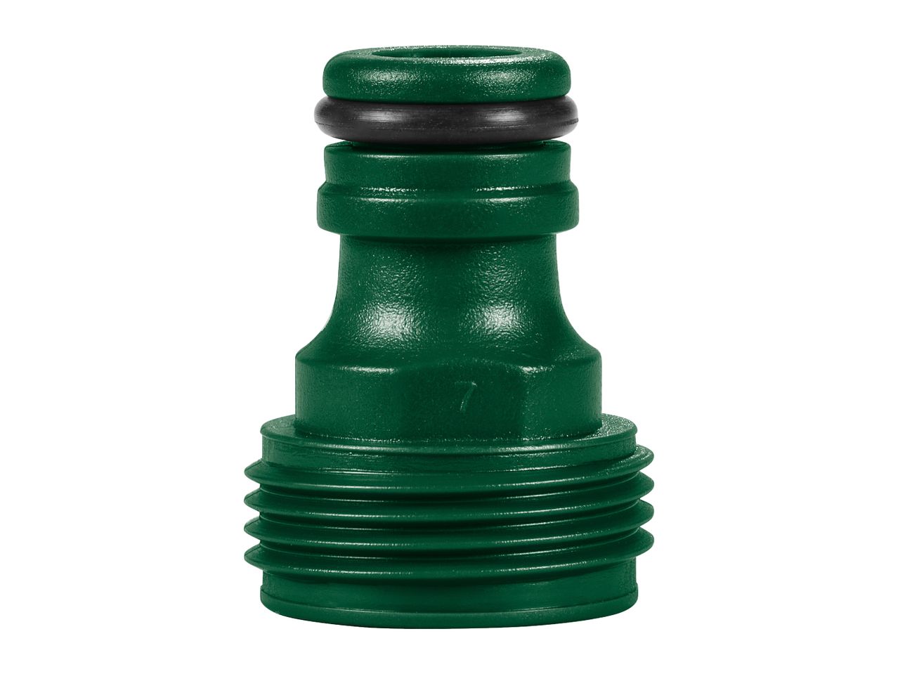 Green garden hose connector with a black O-ring, isolated on a white background.