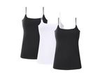 Three women's camisole tops, two black and one white, arranged diagonally.