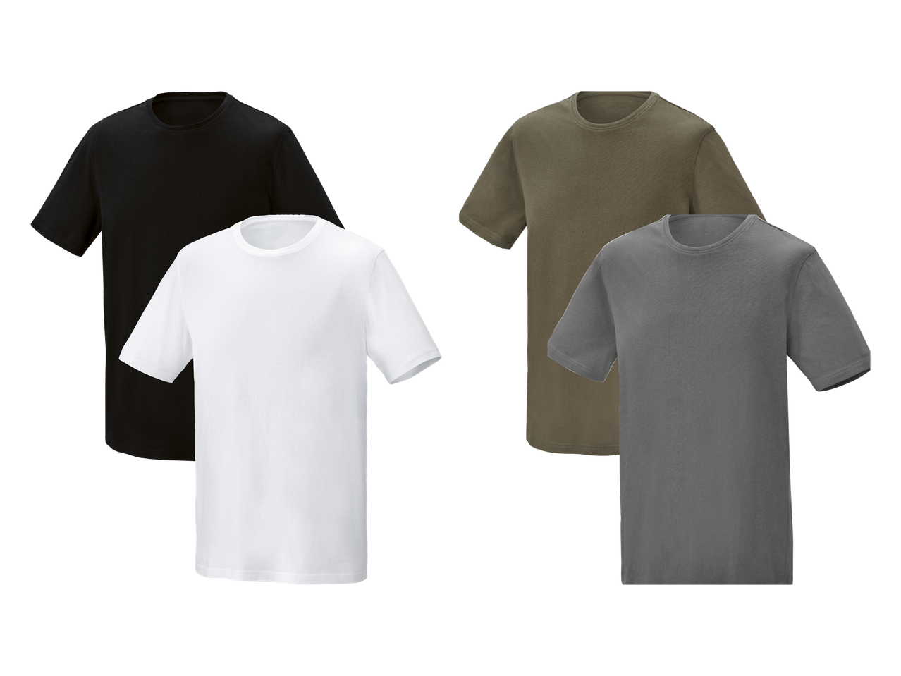Četiri muške majice kratkih rukava u crnoj, bijeloj, maslinasto zelenoj i sivoj boji.
