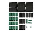 Black pegboards with various green and black storage boxes and tool holders.