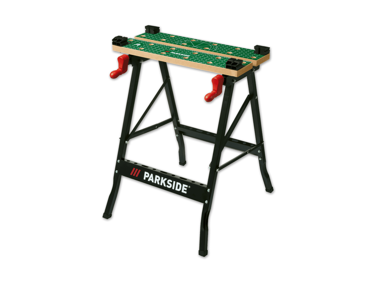 Eine Parkside Werkbank mit zwei Schraubstöcken.