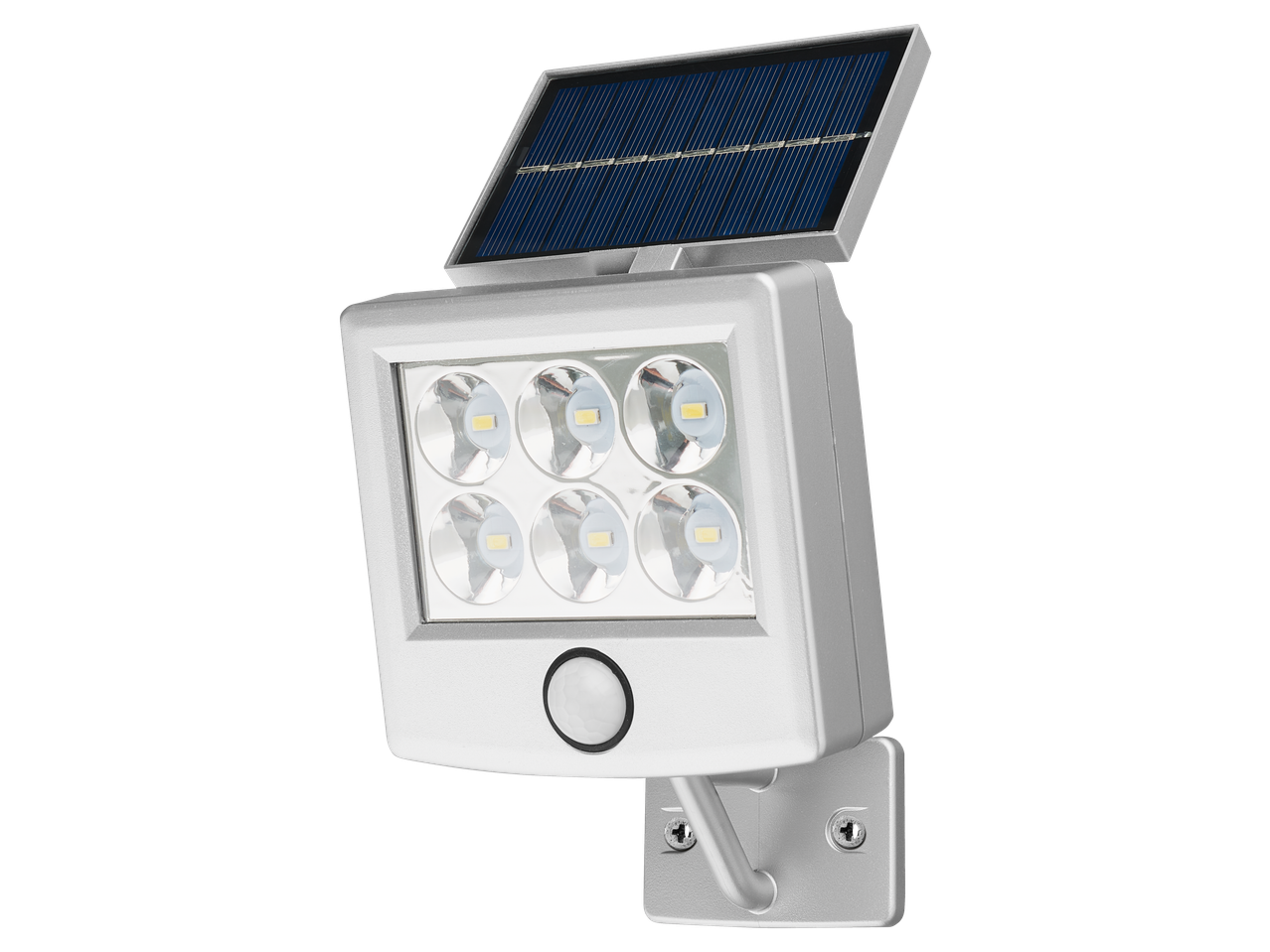 LIVARNO LED saulės šviestuvas su judesio jutikliu, sidabriniu korpusu ir saulės baterija.