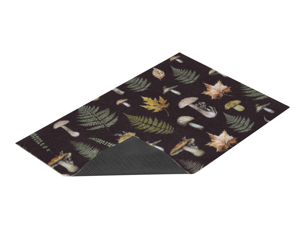Dark brown mat with a pattern of mushrooms, ferns, and autumn leaves.