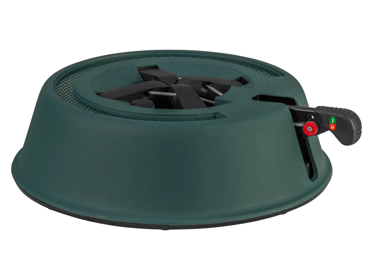 Žalias LIVARNO HOME® Kalėdų eglutės stovas su tvirtinimo mechanizmu.