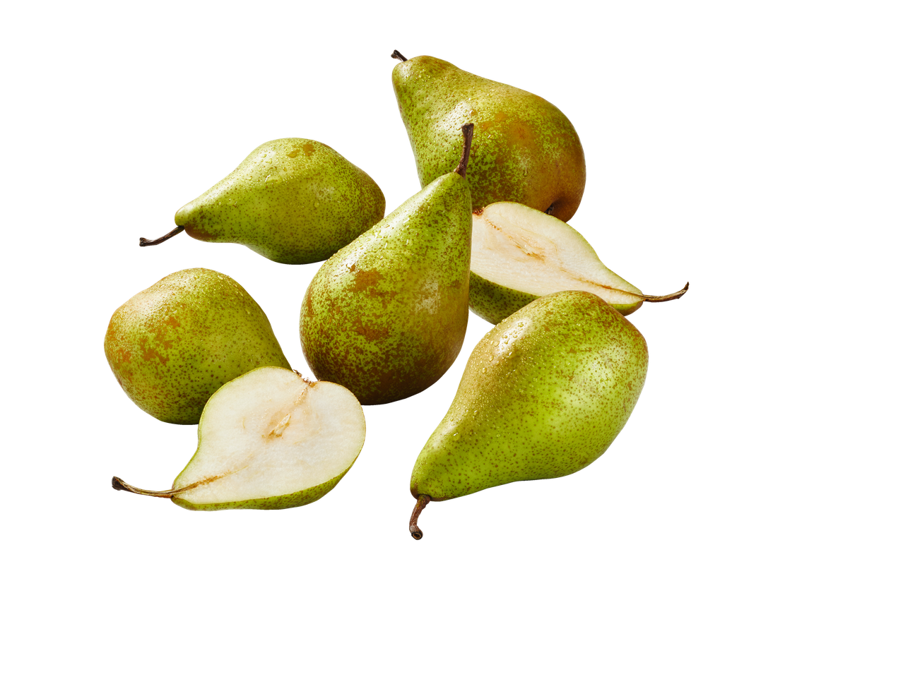 Green pears, some halved, against a black background.