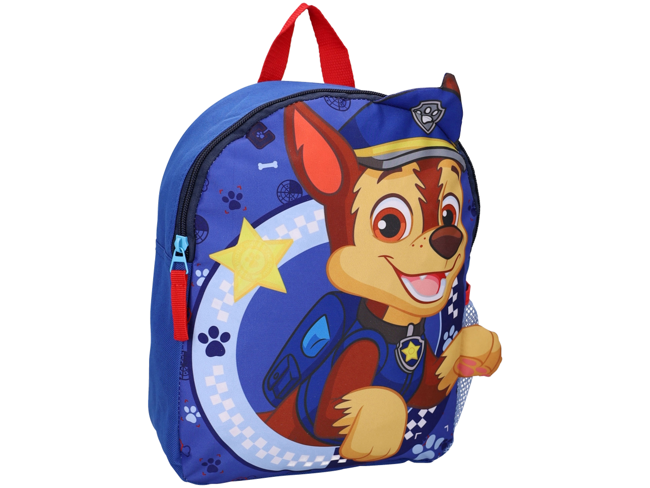 Plavi ranac sa likom Čejsa iz Patrolnih šapa i žutom zvezdom.