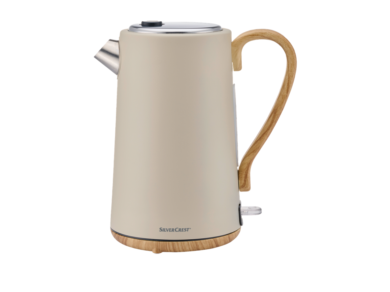 SILVERCREST® KITCHEN TOOLS Kettle in cream with a wooden handle and base.