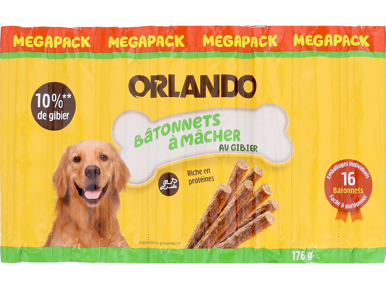 Bâtonnets à mâcher Orlando pour chiens au gibier, 16 bâtonnets individuels, megapack 176g.