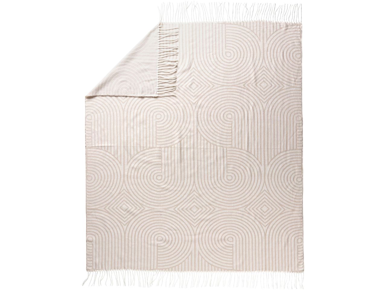 Beige throw blanket with a geometric pattern of arcs and lines, and fringed edges.