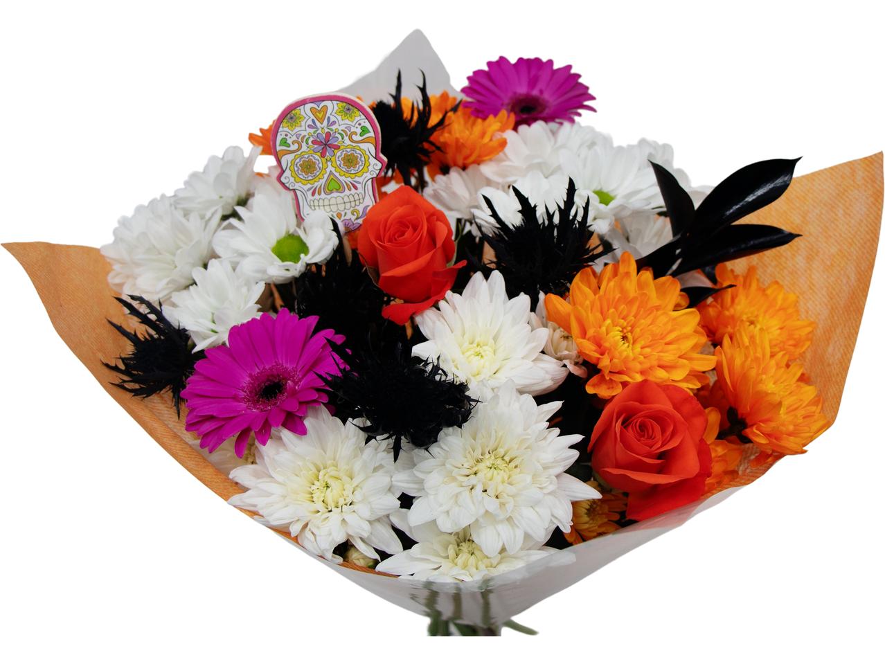 Skull Candy Bouquet with white, orange, and pink flowers, black accents, and a sugar skull.