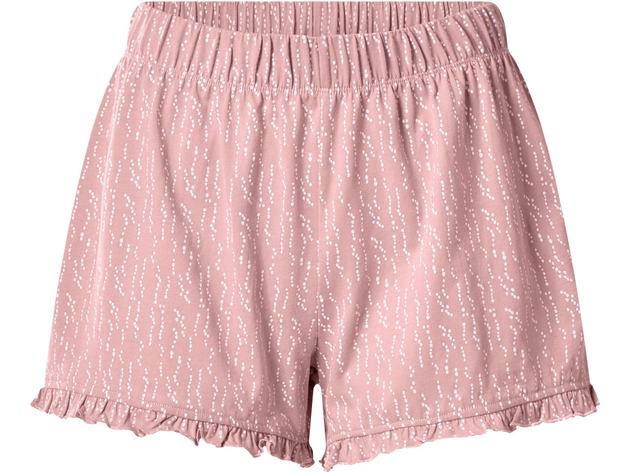 Calções femininos cor-de-rosa com padrão de bolinhas brancas e bainha com folhos.