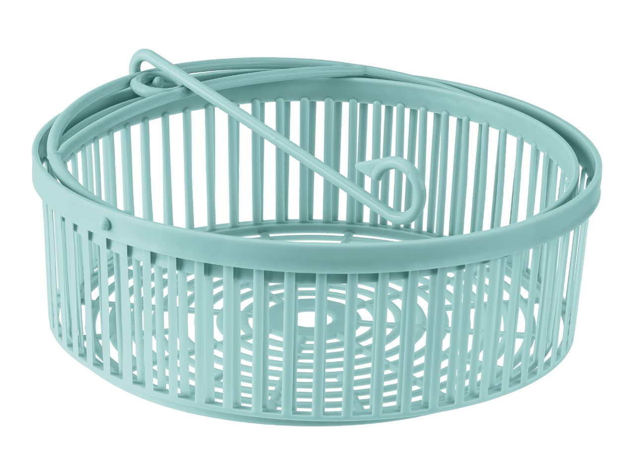 Light blue plastic laundry basket with a foldable handle on a white background.