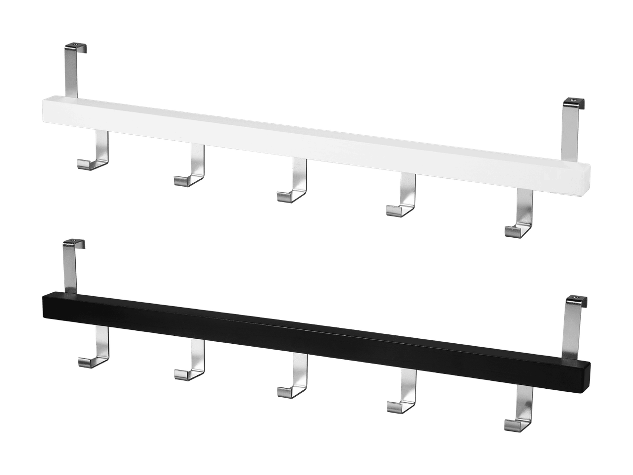 Zwei Türhakenleisten, eine weiße und eine schwarze, mit jeweils fünf Metallhaken.